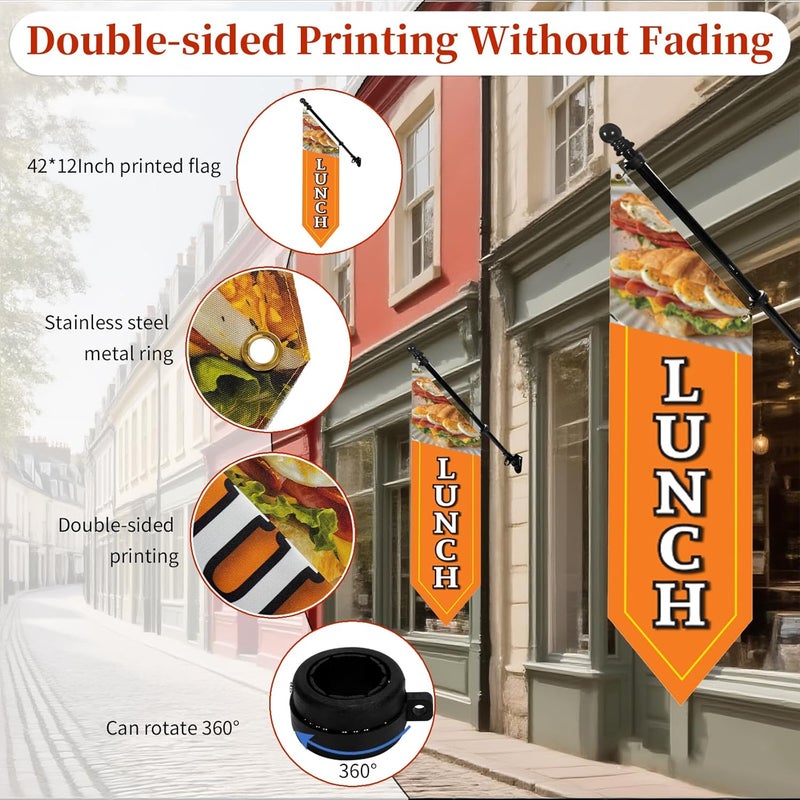 yeload Lunch Flag with Pole Kit – 42x12 Inch Heavy-Duty Double-Sided Canvas Banner for Outdoor Restaurant or Food Truck – Business Sign with Bracket Included - Image 3